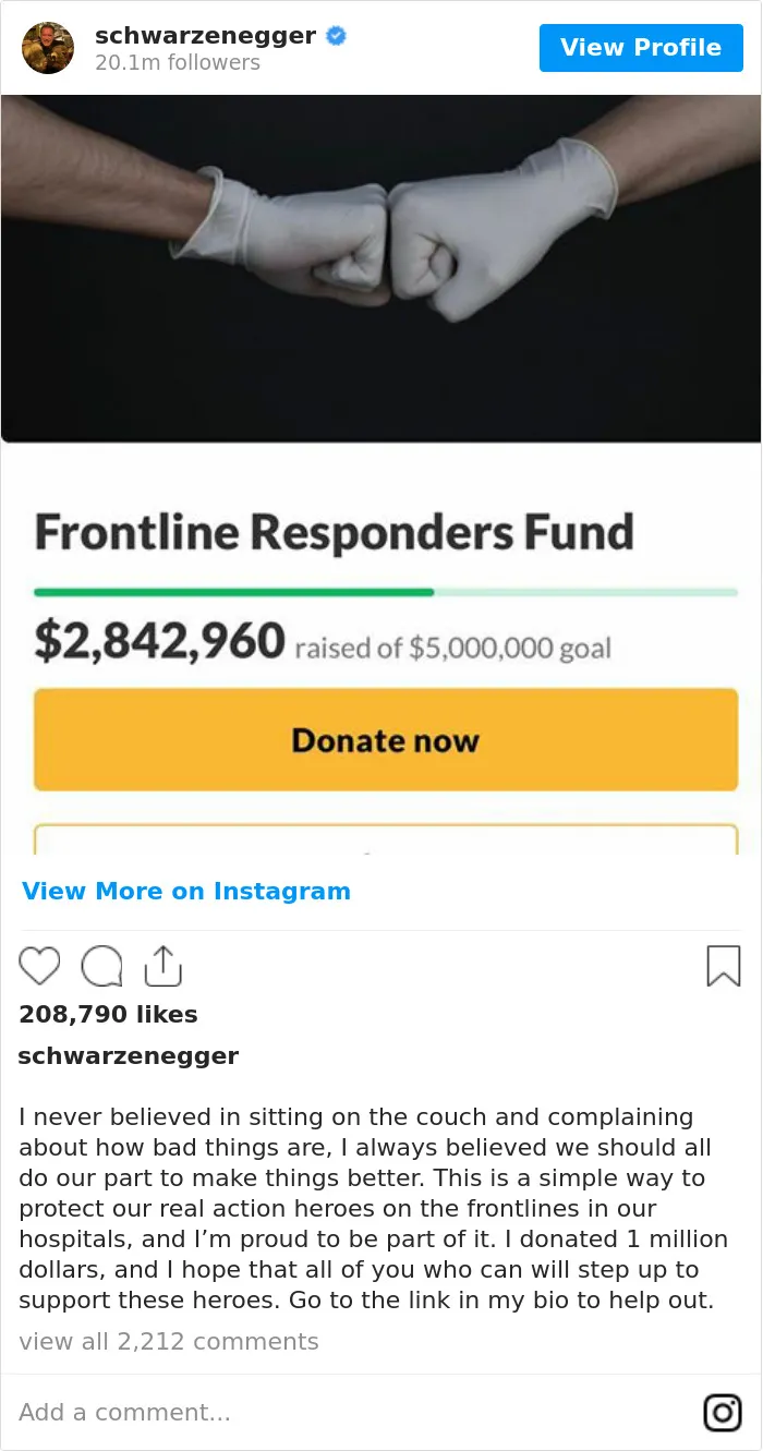 Arnold Schwarzenegger Donated $1 Million To The Gofundme Campaign 'Frontline Responders Fund'