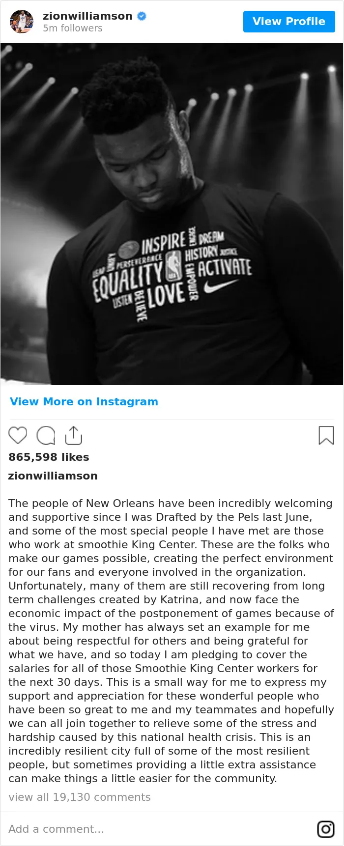 Zion Williamson Pledged To Cover The Salaries Of The Smoothie King Center Employees For 30 Days