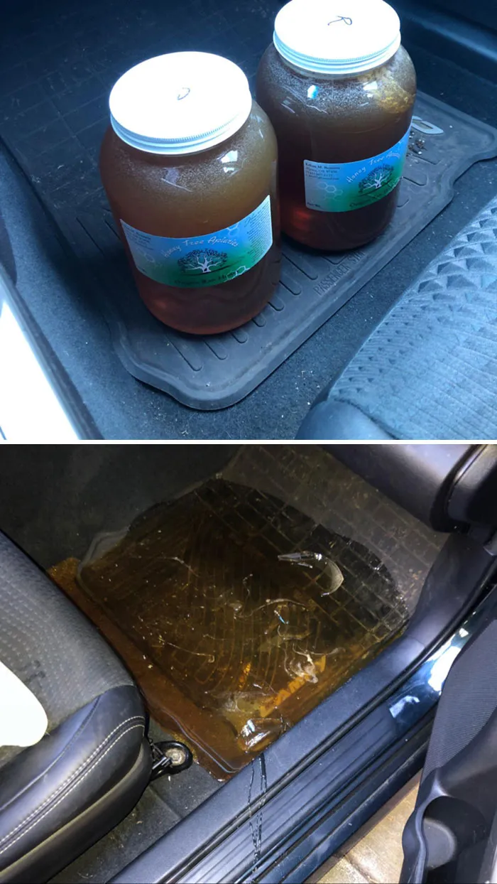 Un tarro con casi 4 litros de miel se ha roto y derramado en el coche