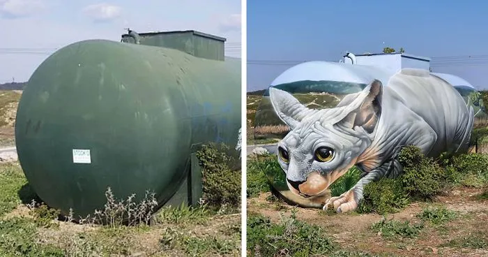 Street Artist Paints A Mind-Bending Illusion Of A Sphynx Cat On An Old Gas Tank