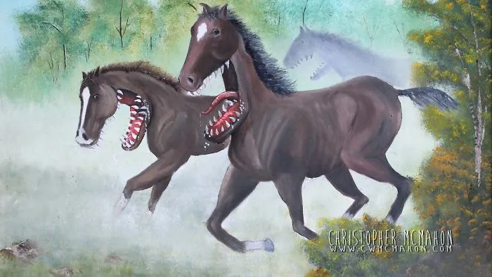 30 Thrift Shop Paintings Made Interesting Again With Funny Monsters By Chris McMahon