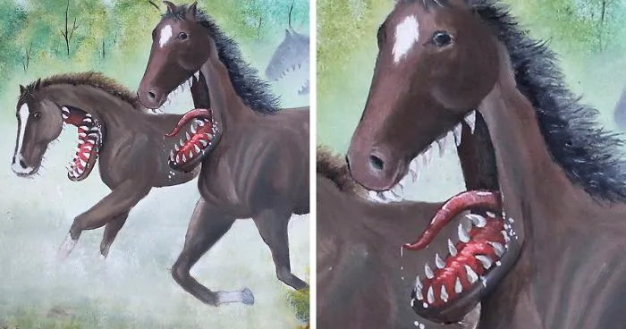 30 Thrift Shop Paintings Made Interesting Again With Funny Monsters By Chris McMahon