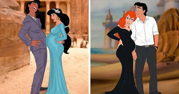 Artist Reimagines Disney Princesses As Pregnant Women And Gives Dad Bodies To The Princes