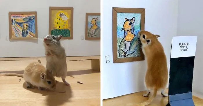 Quarantined Couple Creates A Miniature Art Gallery For Their Gerbils With Iconic Paintings