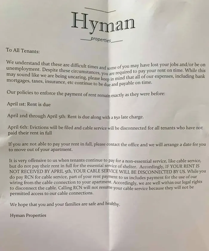 The Following Letter Has Went Out To Residents Of Hyman Properties