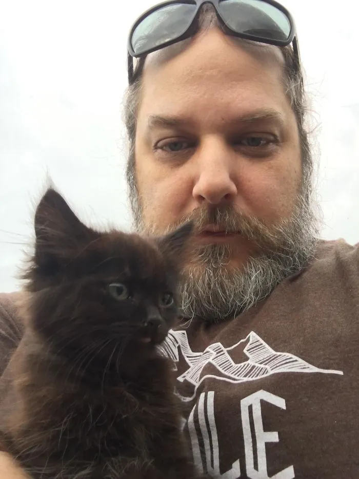 I Work In Remote Areas As A Geologist. Was Leaving My Camp This Morning And Heard Mewing. Turned And This Little Fella Followed Me And Climbed Me And Promptly Fell Asleep. I Think I’ve Been Chosen. World, Meet Spud. He’s Asleep In My Field Lab Now After Wet Food And Water