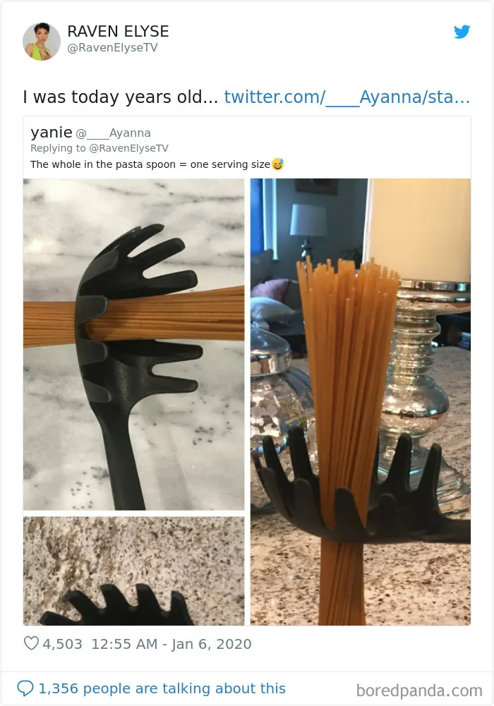 RavenElyseTV tweets about pasta spoon and picture of pasta with spoon