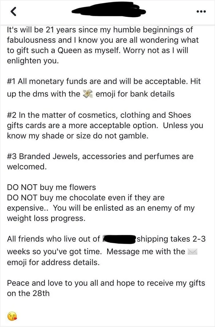Facebook Friend On What/What Not To Buy Her For Birthday