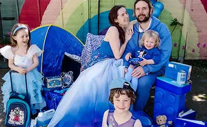 Alternative Wedding Dress Designer Who Loves Colour Has Fun In Lockdown With A Rainbow Of Family Portraits.