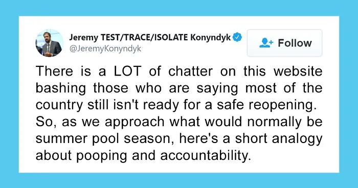 This Man Perfectly Puts The US Reopening Question In Perspective By Comparing Coronavirus To Poop In A Pool