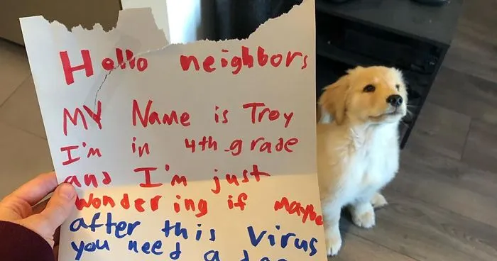 10 Y.O. Boy Writes A Letter To His Neighbor Saying "I'm Wondering If Maybe After This Virus You Need A Dog Sitter"