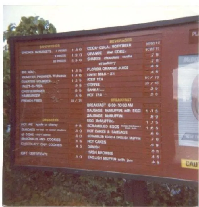 McDonald's Drive Thru Menu In The 80s