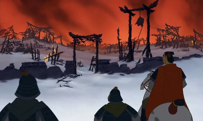 En Mulan solo hay canciones en la 1ª mitad. Luego encuentran el pueblo destruido y ya no hay más porque la película es más oscura