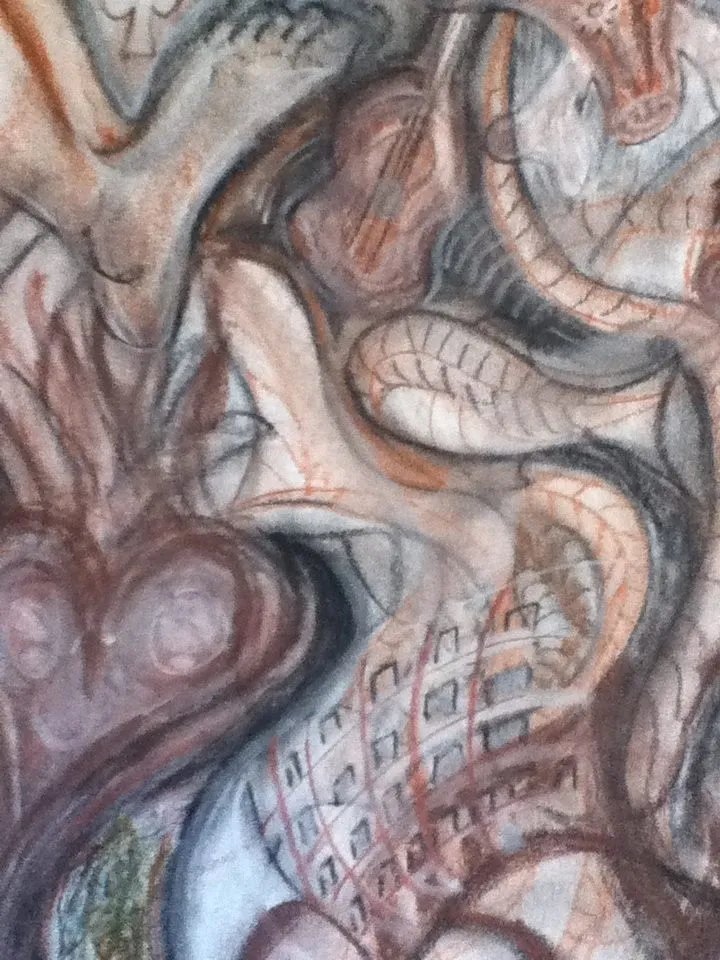 The Photo Was Taken Outside Through My Window With An Ipod, Facing In On My Bicycle In My Apartment, Reflecting Images And The Background Buildings, Staircases, Roofs And Skies.
the Other Two Paintings/Drawings Are Made From Conte. I Developed My Own Style Of Using Conte.