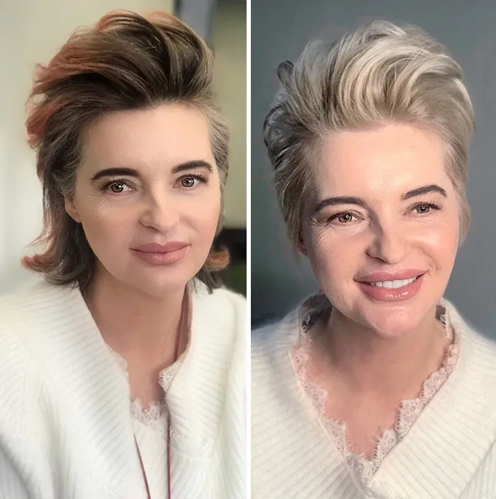 Side-by-side hair transformation showing before and after hairstyle changes by hairstylist with new color and cut.