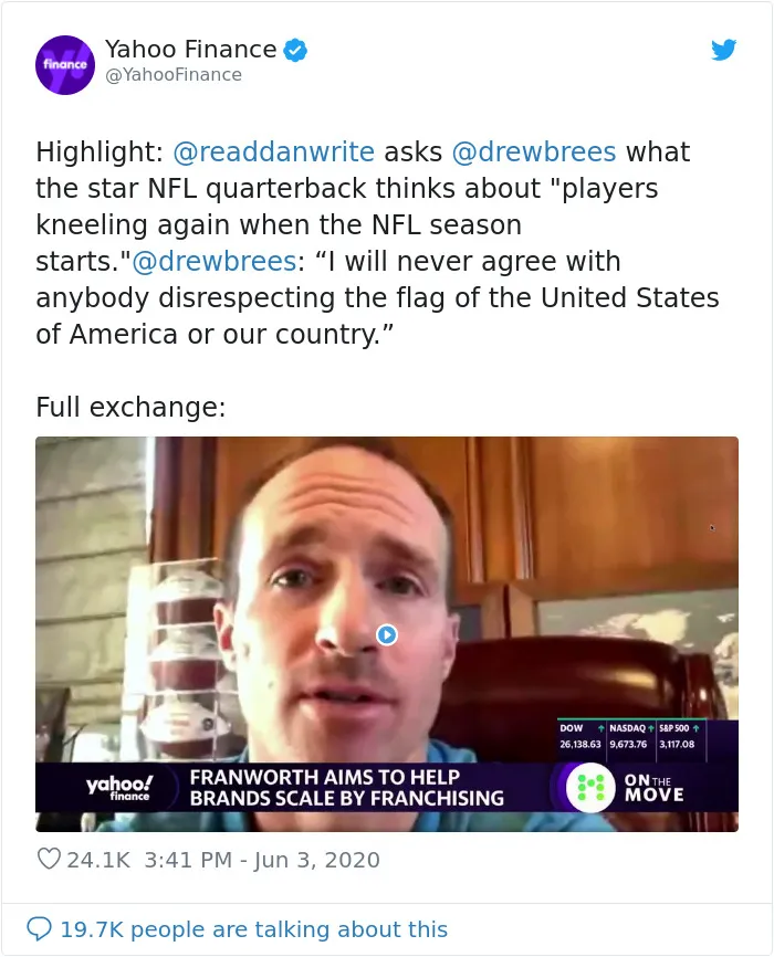 When Asked About Kneeling During The National Anthem, Drew Brees Said He Won't "Agree With Anybody Disrespecting The Flag Of The United States" 