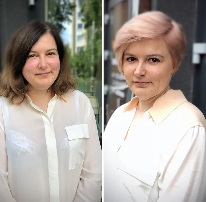 Woman before and after hair transformation with a new short pastel pink hairstyle and fresh look by hairstylist