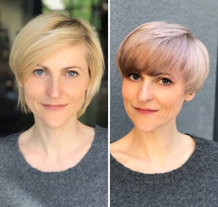 Side-by-side hair transformation showing a woman with a blonde bob before and a styled short haircut after.