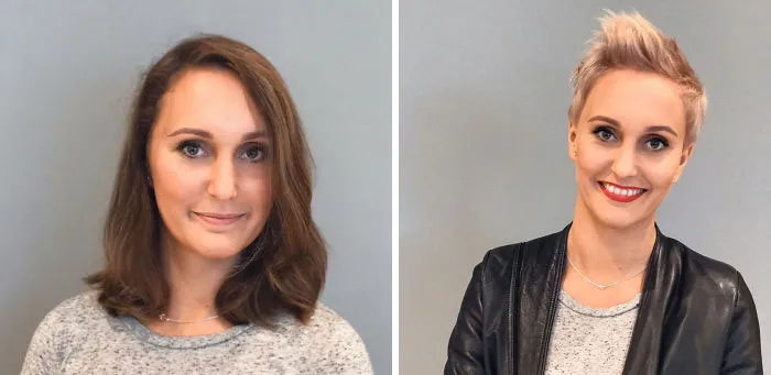 Side-by-side before and after hair transformation of a woman showcasing hairstylist skills and modern short hairstyle.