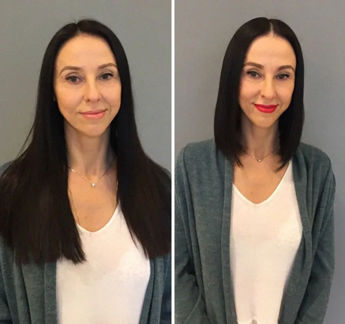Woman with long dark hair before and after haircut showing hairstylist hair transformation with sleek shoulder-length style.