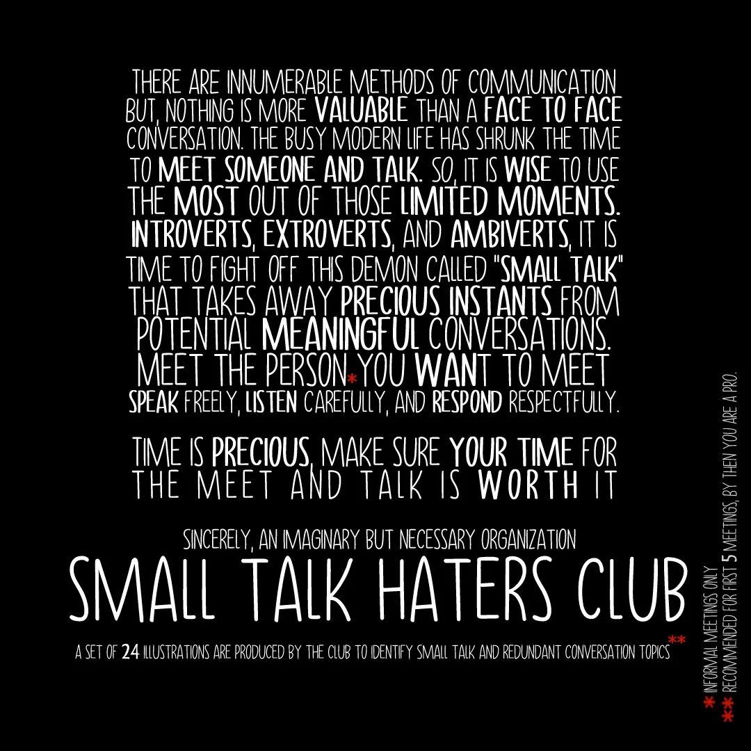 Cartoonist Creates An Imaginary Club Dedicated To Hating Small Talk Called "Small Talk Haters Club" & It Comes With 24 Illustrated Scenerio.