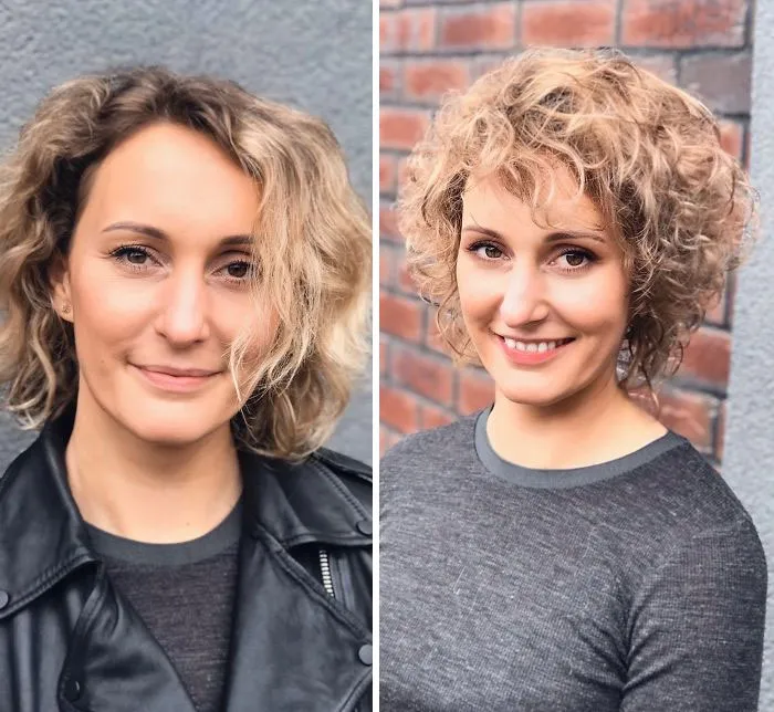 Woman with curly blonde hair before and after a hair transformation by a hairstylist, smiling in both photos against different backgrounds.