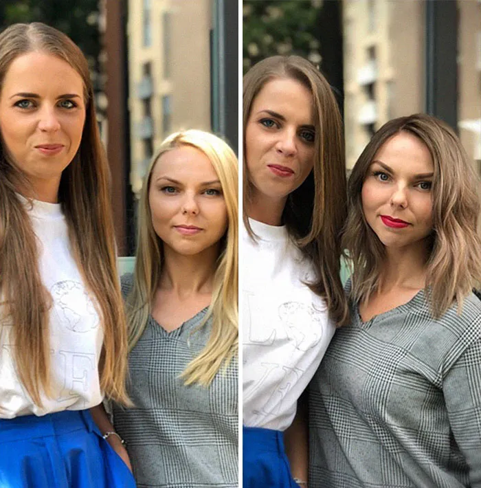 Two women showing a hair transformation with before and after pics featuring new haircuts and styles by a hairstylist.