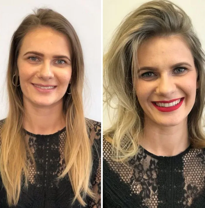 Side-by-side hair transformation before and after photos showing hairstylist work on blonde woman with makeup change.