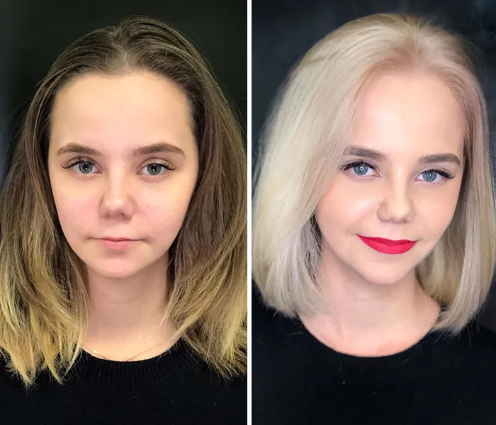 Young woman showing dramatic hair transformation with before and after photos featuring new blonde hairstyle and makeup.