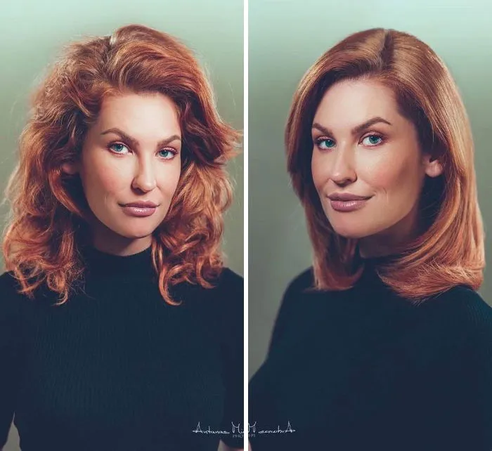 Before and after hair transformation showing a hairstylist's work on red hair with styled volume and sleek finish.