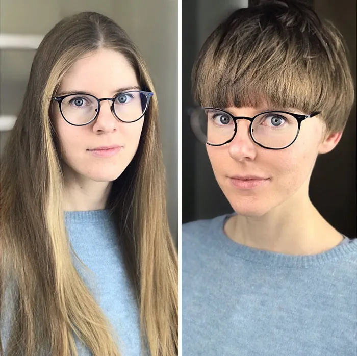 Woman with long hair and glasses before and after a hair transformation showing a short haircut and styled bangs.