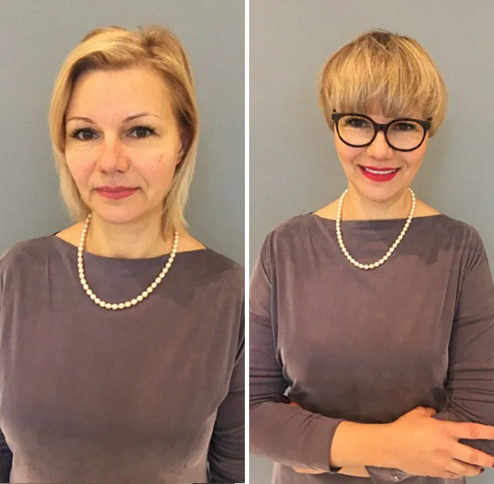 Woman before and after hair transformation, showing new short haircut and stylish look with glasses and pearl necklace.