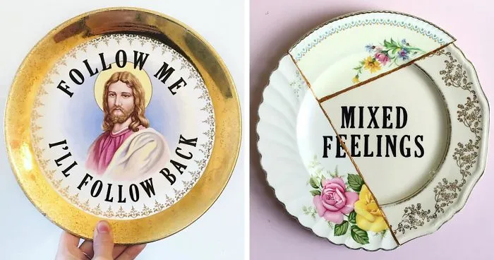 Thrifted Vintage Plates Made Irreverent With Typography By Marie-Claude Marquis (62 Pics)