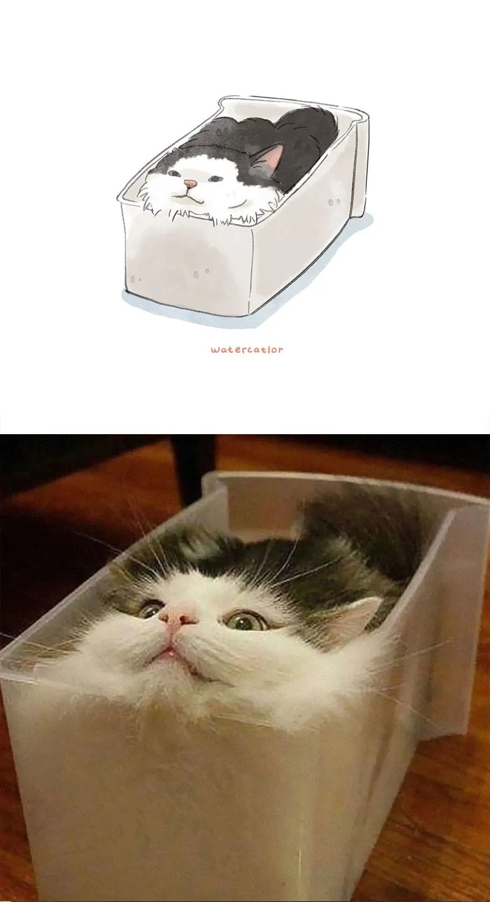 30 Of The Funniest Internet-Famous Cat Pics Get 'Watercolorized' By Amelia Rizky (New Pics)