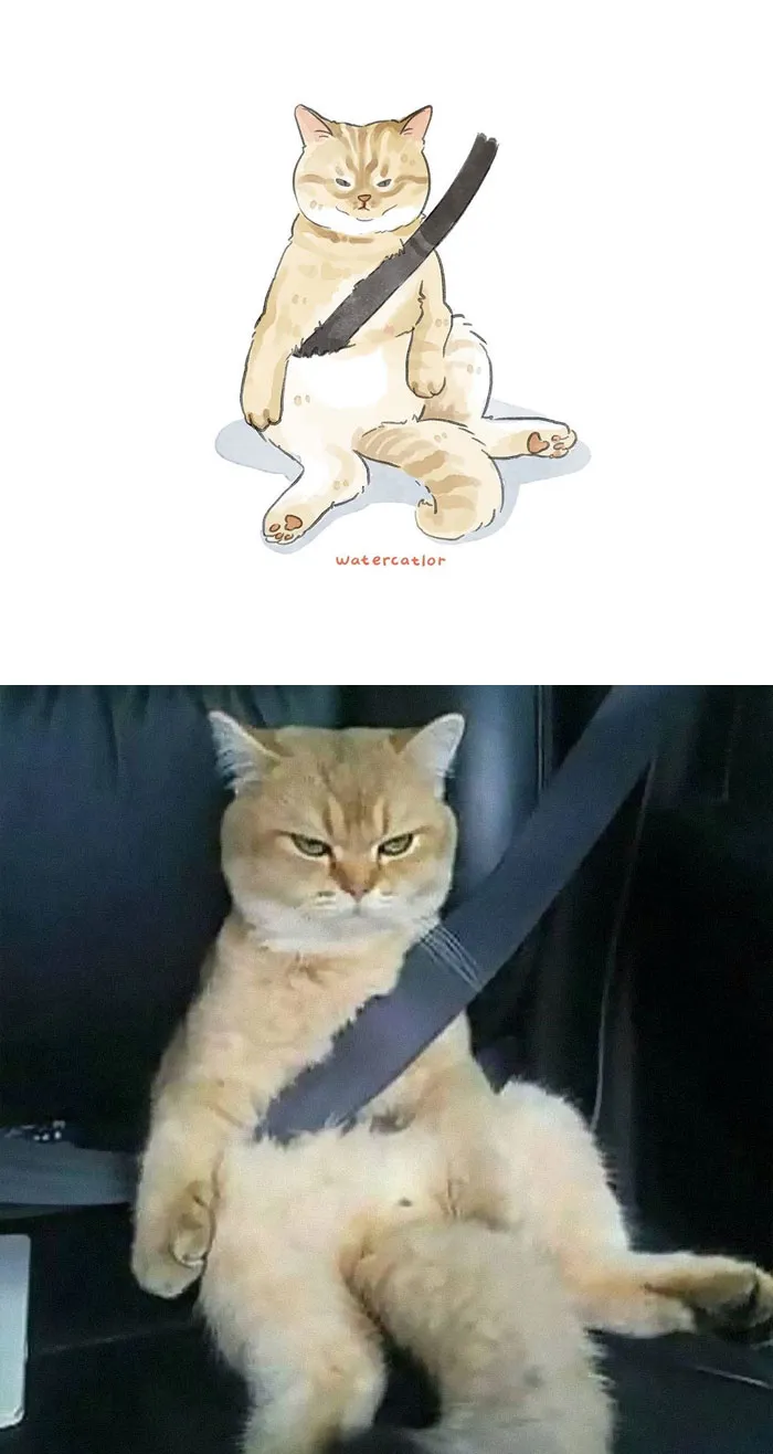 30 Of The Funniest Internet-Famous Cat Pics Get 'Watercolorized' By Amelia Rizky (New Pics)