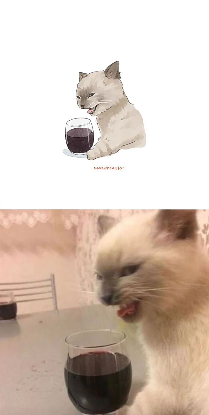 30 Of The Funniest Internet-Famous Cat Pics Get 'Watercolorized' By Amelia Rizky (New Pics)