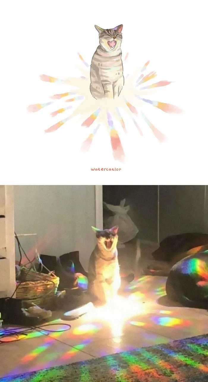 30 Of The Funniest Internet-Famous Cat Pics Get 'Watercolorized' By Amelia Rizky (New Pics)