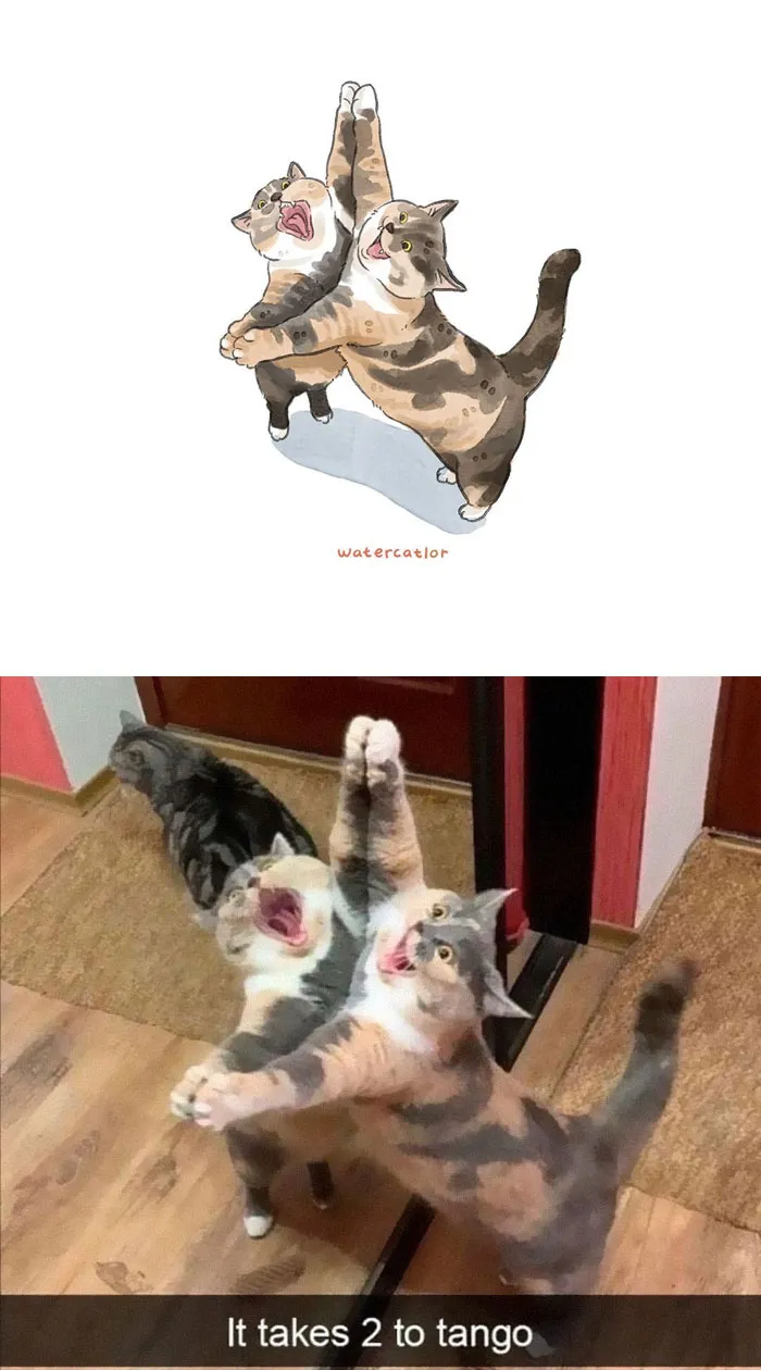 30 Of The Funniest Internet-Famous Cat Pics Get 'Watercolorized' By Amelia Rizky (New Pics)