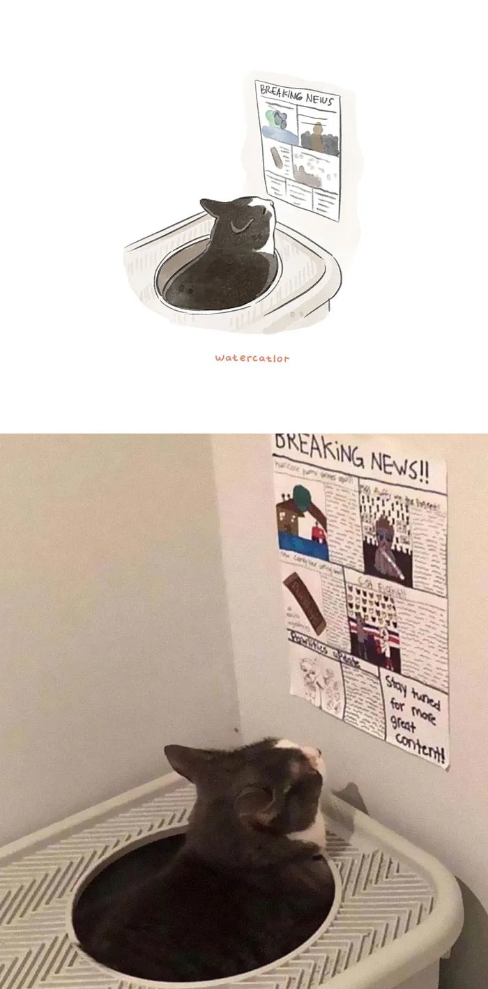 30 Of The Funniest Internet-Famous Cat Pics Get 'Watercolorized' By Amelia Rizky (New Pics)