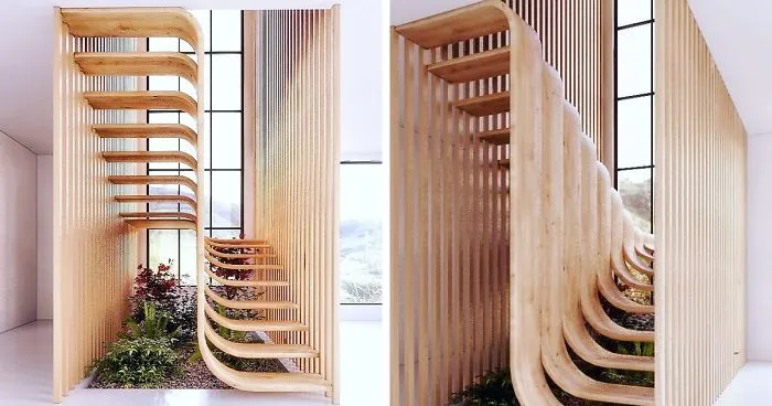 This Minimalistic Staircase Resembles A Strand Of DNA Inside Of A Two-Story Home