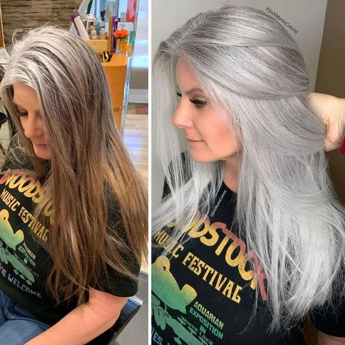 En vez de cubrir las raíces de las canas, este peluquero hace que sus clientas las adoren con sus increíbles transformaciones (35 fotos)