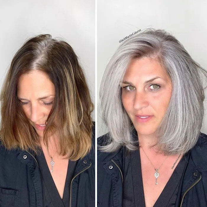 Instead Of Covering Grey Roots, This Hairdresser Makes Clients Embrace It With His Powerful Transformations (35 Pics)