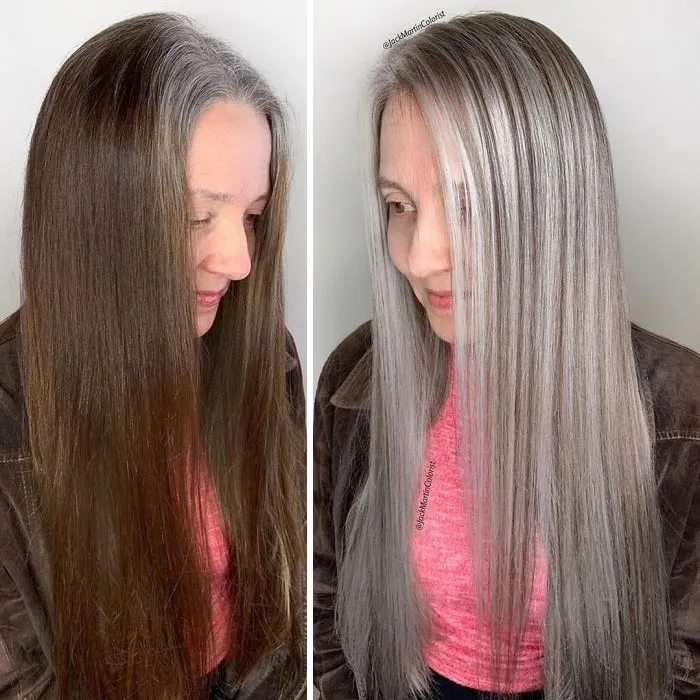 Instead Of Covering Grey Roots, This Hairdresser Makes Clients Embrace It With His Powerful Transformations (35 Pics)