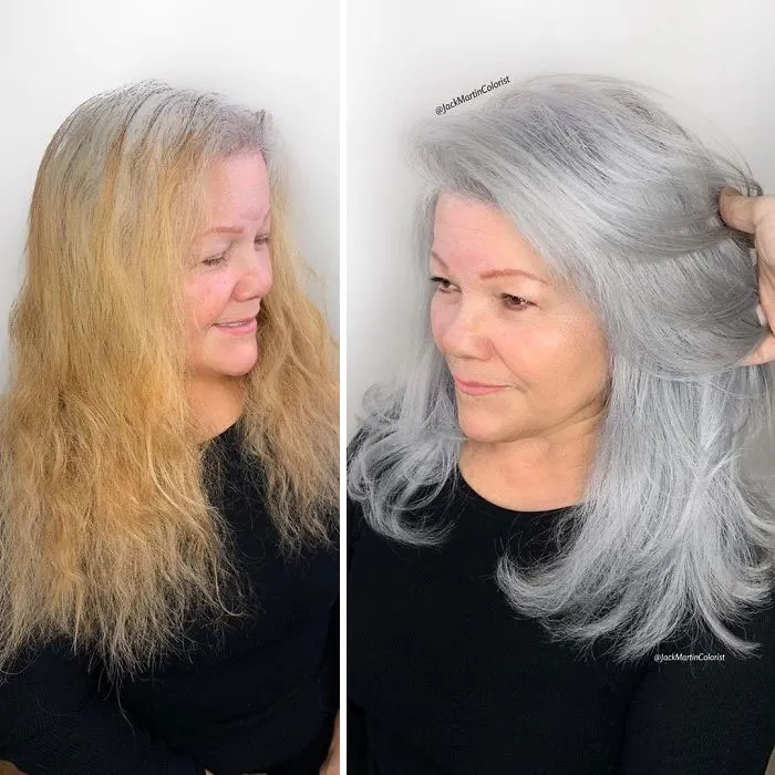 En vez de cubrir las raíces de las canas, este peluquero hace que sus clientas las adoren con sus increíbles transformaciones (35 fotos)