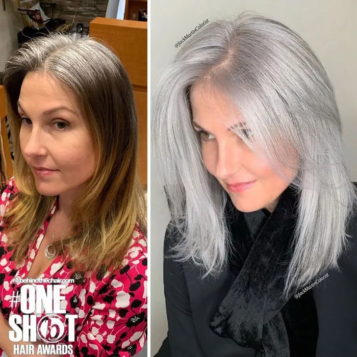 En vez de cubrir las raíces de las canas, este peluquero hace que sus clientas las adoren con sus increíbles transformaciones (35 fotos)