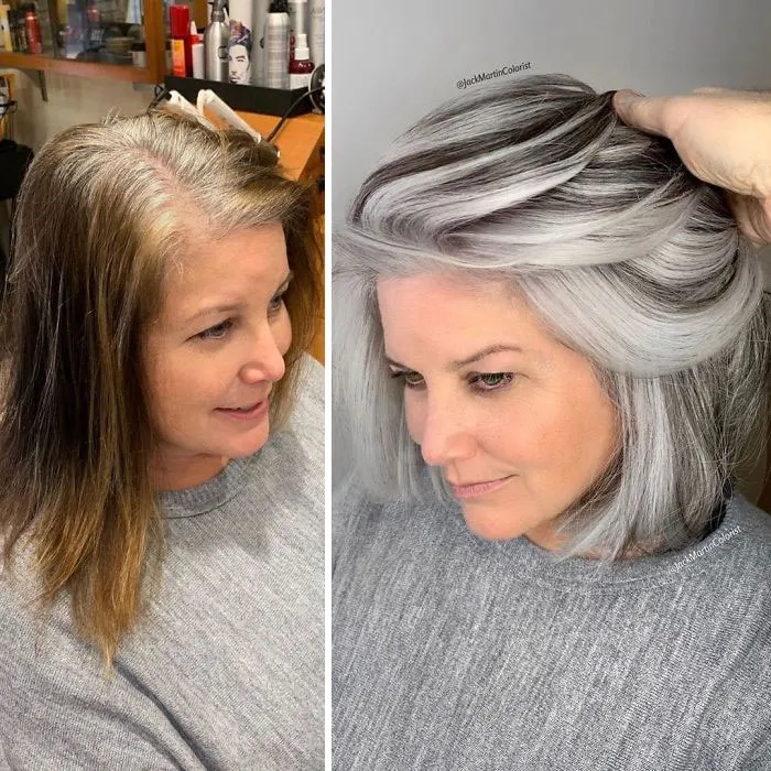 En vez de cubrir las raíces de las canas, este peluquero hace que sus clientas las adoren con sus increíbles transformaciones (35 fotos)