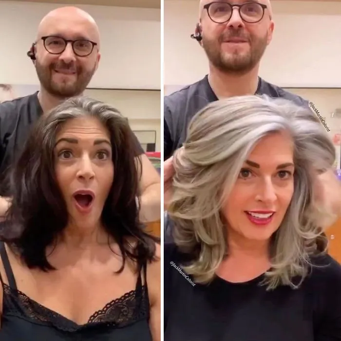 En vez de cubrir las raíces de las canas, este peluquero hace que sus clientas las adoren con sus increíbles transformaciones (35 fotos)