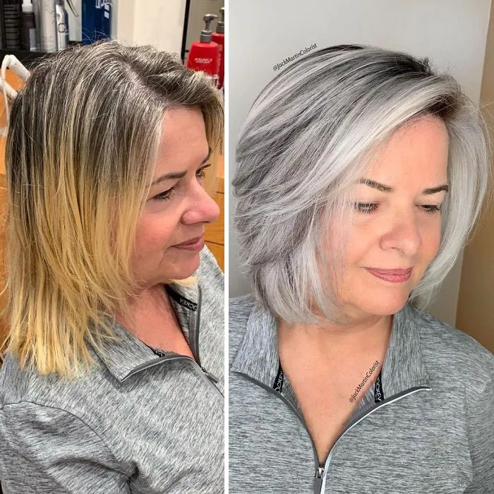 En vez de cubrir las raíces de las canas, este peluquero hace que sus clientas las adoren con sus increíbles transformaciones (35 fotos)