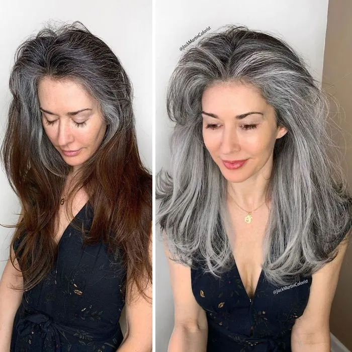 Instead Of Covering Grey Roots, This Hairdresser Makes Clients Embrace It With His Powerful Transformations (35 Pics)