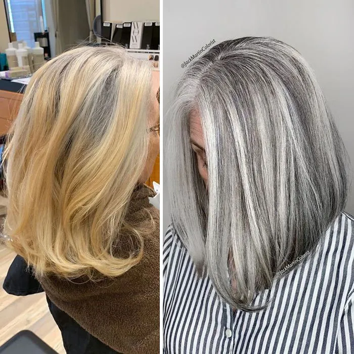 Instead Of Covering Grey Roots, This Hairdresser Makes Clients Embrace It With His Powerful Transformations (35 Pics)
